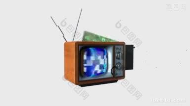 在白色静态摄像头的映衬下，旧电视变成了新电视