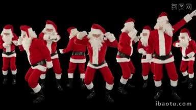 一群圣诞老人在黑色圣诞背景下跳舞