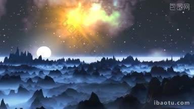 雾蒙蒙的山峦景观在夜空中形成了一颗奇妙的行星明亮的星星和明亮的大星云