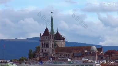 日内瓦的勃朗峰大桥和圣彼得大教堂的景色