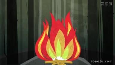 <strong>动态图</strong>形动画使用剪纸风格的元素来说明在树林里的篝火高清晰度p和