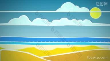 动态图形动画使用剪纸风格的元素来说明一个阳光海滩高清晰度p和循环准备这是