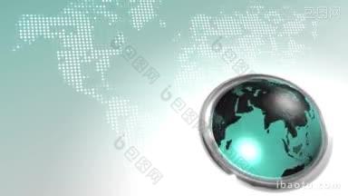 <strong>高清</strong>晰度动画循环的旋转闪亮的绿色地球球按钮包含一个抽象的圆点背景上的世界<strong>地图</strong>