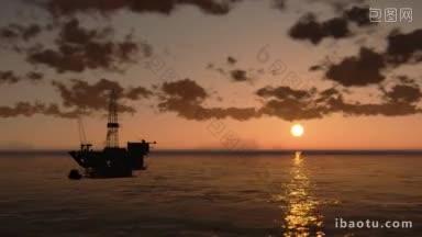 <strong>海上</strong>的石油钻塔，日落时的云雾