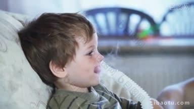 生病的小男孩用雾化器吸入药物