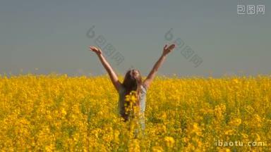 快乐的小女孩在黄色的草地上伸开双臂享受着夏天