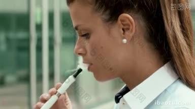 年轻人和吸烟者<strong>商业</strong>妇女在办公楼附近吸烟