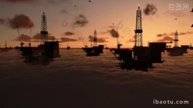 海洋里的石油钻塔时间经过日出