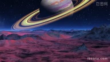 <strong>土星</strong>悬挂在一个奇妙的<strong>星球</strong>的地平线上，低矮的山脉和丘陵慢慢地被蓝色的雾所覆盖