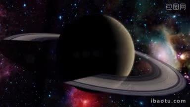 土星及其光环的剪影，太阳在它的后面