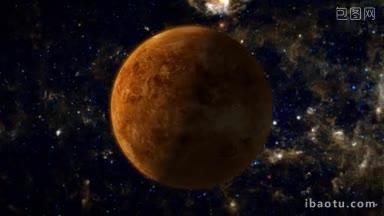 金星在太空中的轨道照片，有发光的大气层和恒星背景