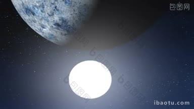 夜晚，繁星<strong>满天</strong>，明亮的白色月亮下是一颗巨大的行星