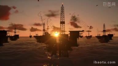 海洋里的石油钻塔日落时消失