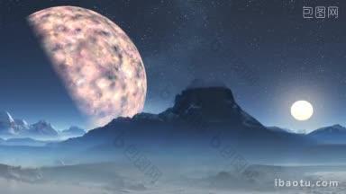夜晚，繁星点点的天空，一个巨大的星球和一个明亮的遥远的月亮<strong>在</strong>低矮的山峰和雪峰下面