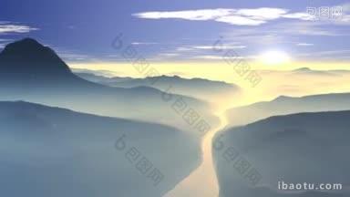 在低矮的<strong>丘陵</strong>和山脉之间，地平线上平静的河流可以看到初升的太阳