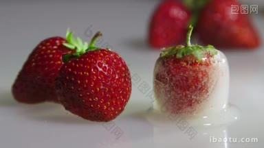新鲜和冷冻草莓特写延时