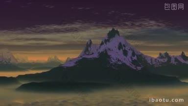 山顶尖利的山峰被积雪覆盖，丘陵和低地笼罩着橘黄色的幽灵般的薄雾