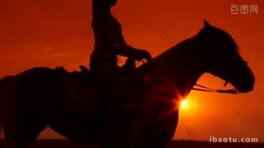 夕阳下年轻女孩骑马的剪影
