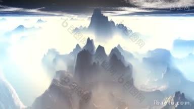高耸的山峰从地平线上的裂缝中升起的白色发光的浓雾中<strong>露出</strong>来