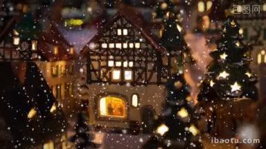 小村庄的冬季景色，灯火通明的房屋和雪景
