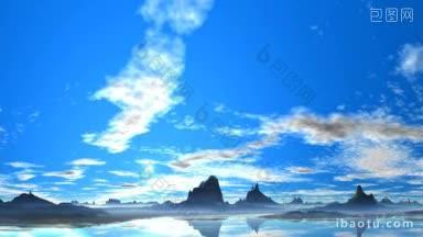 清澈的湖面被低矮的山峦和<strong>悬崖</strong>所环绕，蓝天白云飘浮