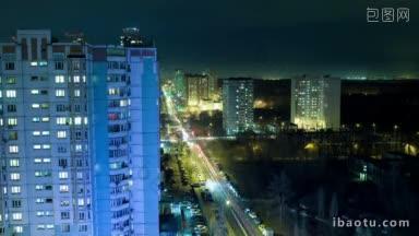 <strong>夜晚</strong>城市生活的时间流逝，房屋窗户上闪烁的灯光和繁忙的交通