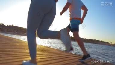 斯坦尼康慢动作拍摄的<strong>腿</strong>运动夫妇去跑步在早上