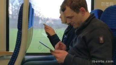 时间流逝的年轻男女花时间在火车上的平板电脑和智能<strong>手机</strong>舒适和享受