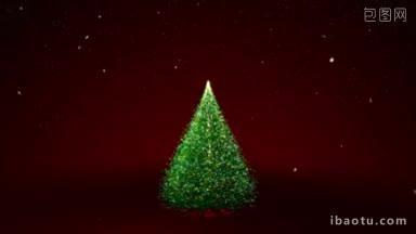 圣诞树上有彩灯，红色的背景上有雪花和星星