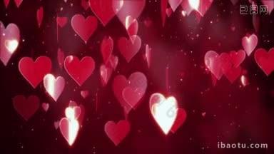 情人节抽象的背景上飞着红色的心和粒子