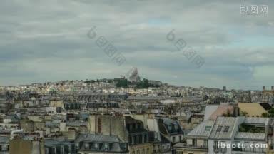 时间间隔拍摄的巴黎全景与云移动和阳光走过的城市到达圣心大教堂