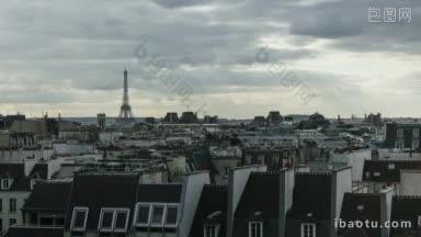 巴黎全景的时间间隔镜头与典型的房子在前景的埃菲尔铁塔在远处