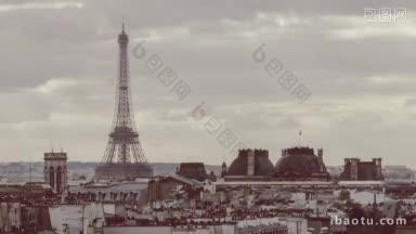 时间流逝的云航行在巴黎的城市和埃菲尔铁塔的工作<strong>电梯</strong>