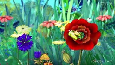 美丽的蝴蝶在鲜花周围飞舞，手工制作的动画