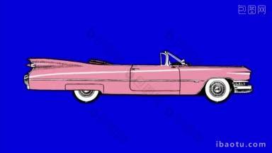 正宗猫王粉色复古汽车运动图形动画循环镜头与色度键