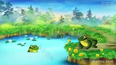 绿色的青蛙坐在和呱呱叫在一个夏天的池塘边手工动画动画图形