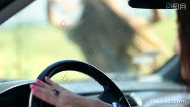 特写的女人的手慢慢滑动在汽车的方向盘模糊长发金发站在绿色的田野