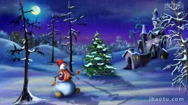 雪人和圣诞树附近的魔法城堡在童话冬夜圣诞夜手工动画经典