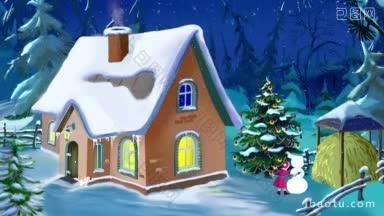 小房子在美丽的新年前夕手工制作动画，以经典的卡通风格