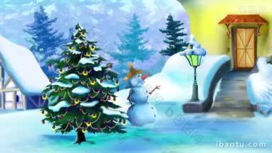 美妙的圣诞节与雪人和圣诞树手工动画的经典卡通风格