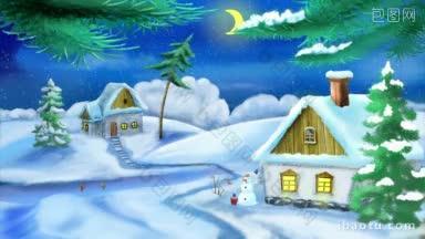 新年和圣诞节冬村夜景与雪人手工动画在经典卡通风格