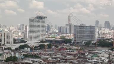 建筑建筑区域在前景和城市景观与摩天大楼的背景曼谷延时拍摄