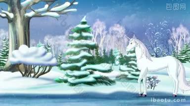魔法独角兽在冬季森林<strong>除夕</strong>手工动画的经典卡通风格