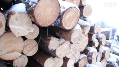 冬天下雪时，工厂<strong>院子</strong>里的雪地里壁炉用的原木