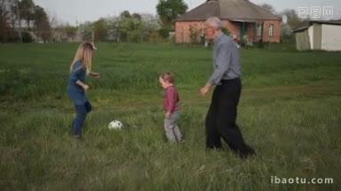 爷爷和孙子们在乡下度过的周末在绿色的草地上踢足球可爱的学步男孩和可爱的姐姐