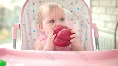 可爱的婴儿吃红色的胡椒健康的婴儿食物婴儿品尝蔬菜