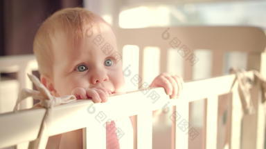 婴儿站床上首页肖像婴儿女孩站床婴儿眼睛
