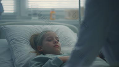 肖像女孩说谎医院床上拥抱玩具医生参观病人<strong>病房</strong>