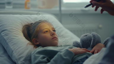 伤心女孩说谎医院床上拥抱玩具肖像医生检查病人症状