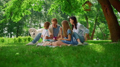 快乐家庭饲料白色狗周末野餐人休息宠物公园